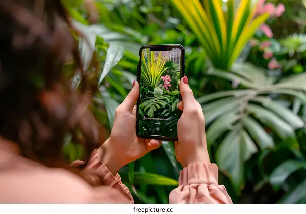 Woman Taking a Picture of Plants in a Greenhouse