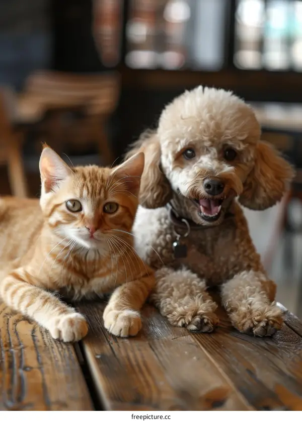 A ginger cat and a poodle are sitting on a wooden table.