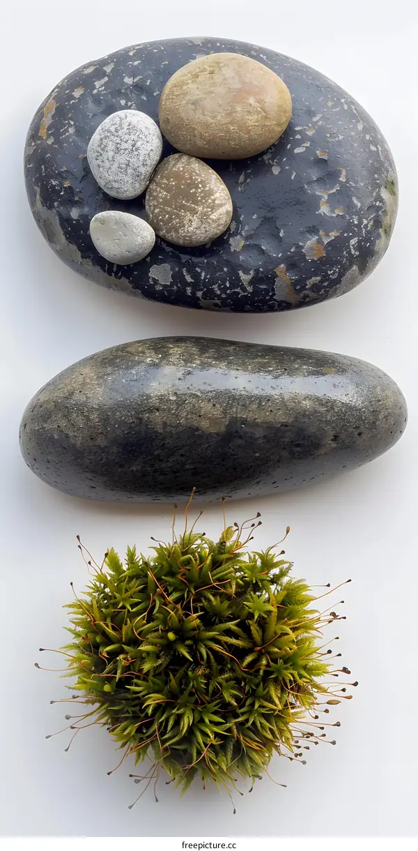 Smooth Stones And Green Moss On A White Background