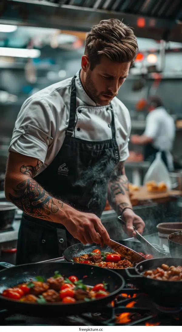 Tattooed chef cooking in a busy restaurant kitchen
