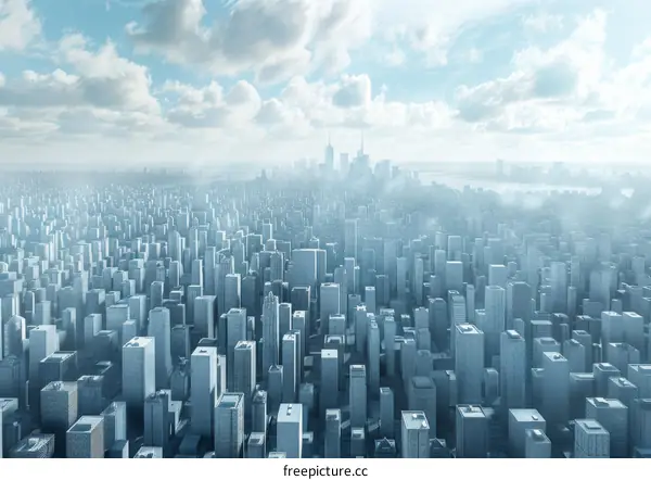 City Skyline with Towering Skyscrapers and Misty Haze