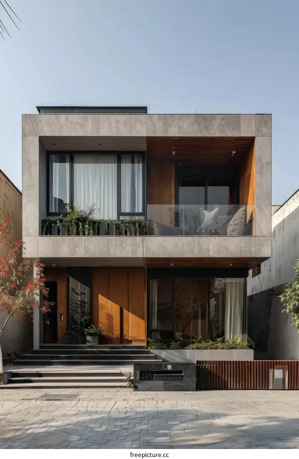 Modern House Facade Design with Stone and Wood