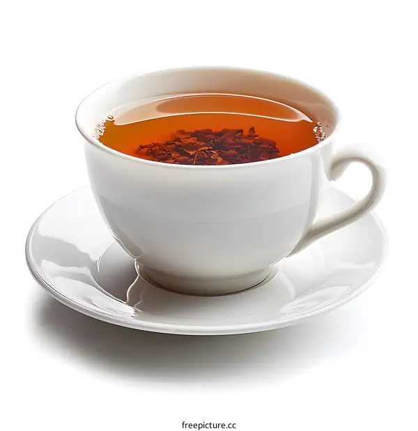 White Cup of Tea with Tea Leaves on White Background