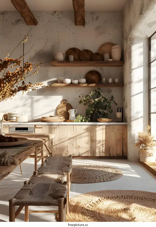 Warm and inviting rustic kitchen with natural textures and sunlight