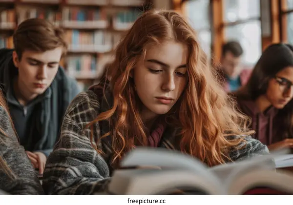 Redhead girl studying in a library with her friends