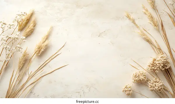 Beige Background With Dried Flowers and Wheat