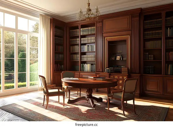 Classic Library Interior Design With Bookshelves And Round Table