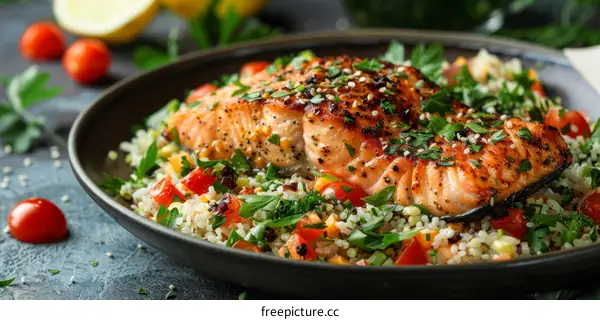 Delicious grilled salmon fillet with bulgur wheat and vegetables