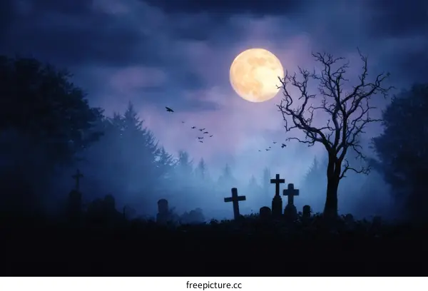 Spooky Cemetery at Night Under a Full Moon