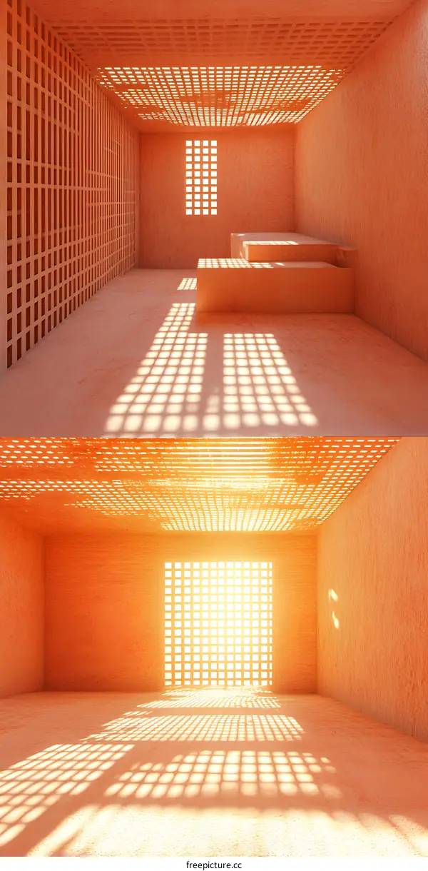 Sunlight Streaming Through Grid Pattern Window in Orange Room
