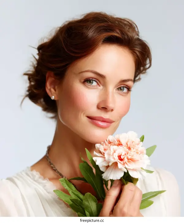Woman holding a bouquet of flowers portrait