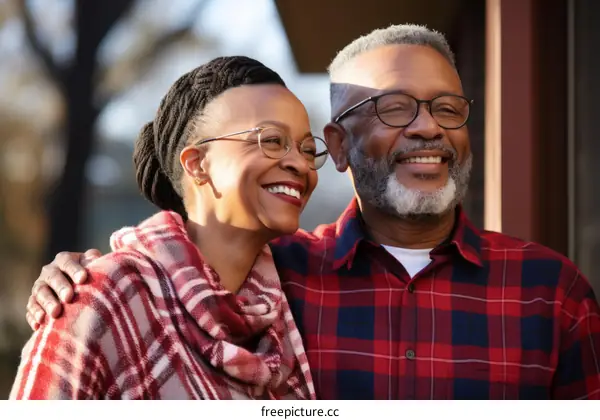 Happy elderly African American couple smiling outdoors