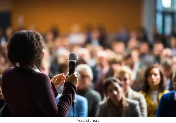 Female speaker giving a talk at a conference