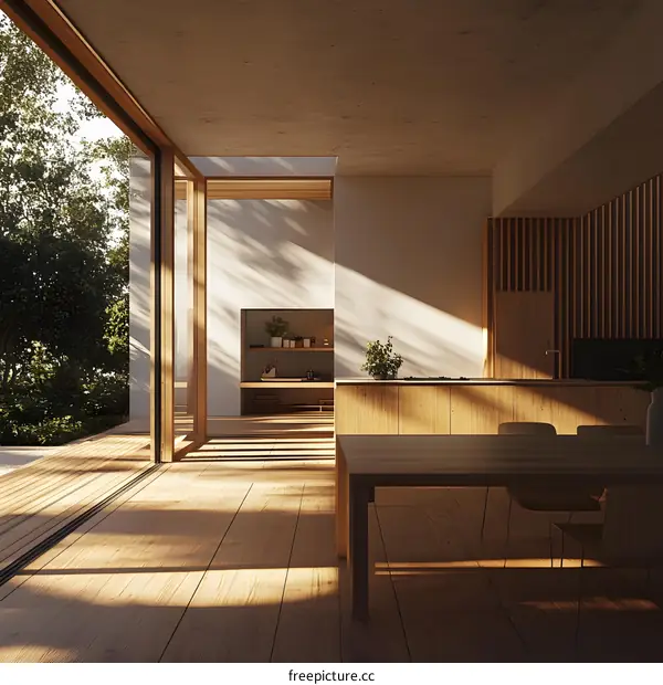 Modern Wooden Interior Design with Sunlight Streaming Through Large Windows