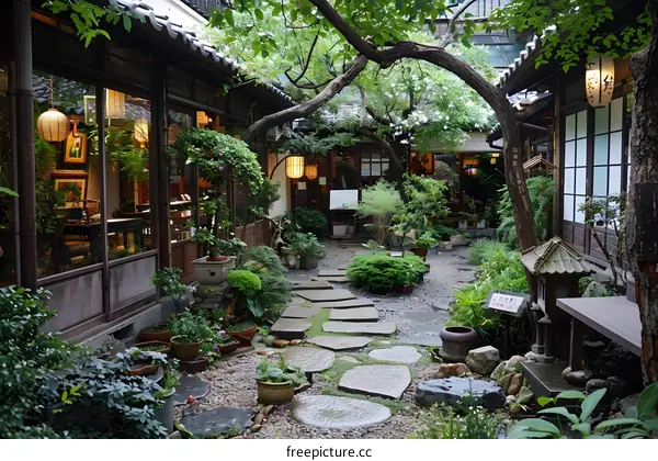 Japanese Garden with Stone Path and Lush Greenery