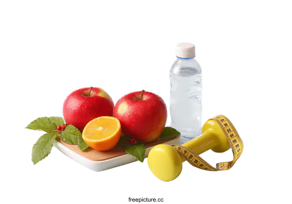 [Transparent Background PNG]Healthy Lifestyle Concept with Fruits and Fitness Equipment