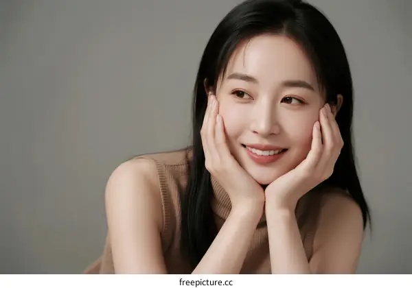 Portrait of young beautiful woman with hands on cheeks