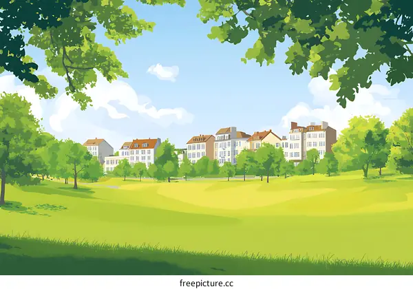 Green Grass Field With Houses In The Background