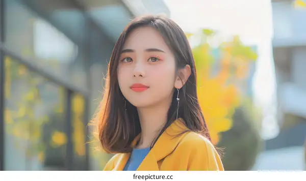 Young Asian Woman With Long Hair in Yellow Blazer Looking at Camera
