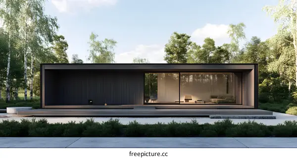 Minimalist Modern Wooden Cabin with Large Windows and Deck in a Forest Setting