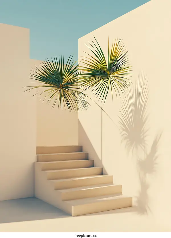 Minimalist Staircase with Palm Trees and Shadows