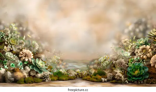 Succulents and Moss on a Brown Background