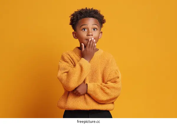 Surprised African American Boy in a Mustard Yellow Sweater