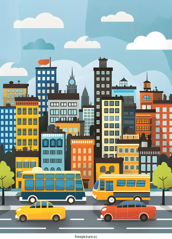Cityscape Illustration with Buildings and Transportation