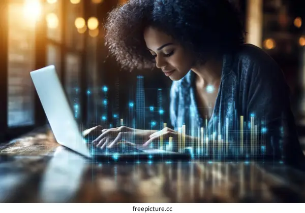 African Woman Working on Laptop with Data Visualization Overlay