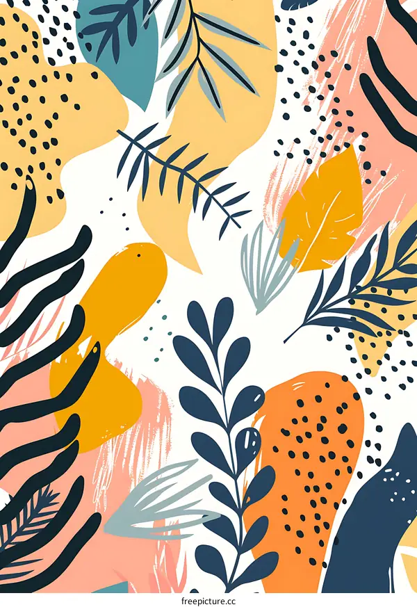 Abstract Tropical Pattern With Hand Drawn Leaves And Shapes