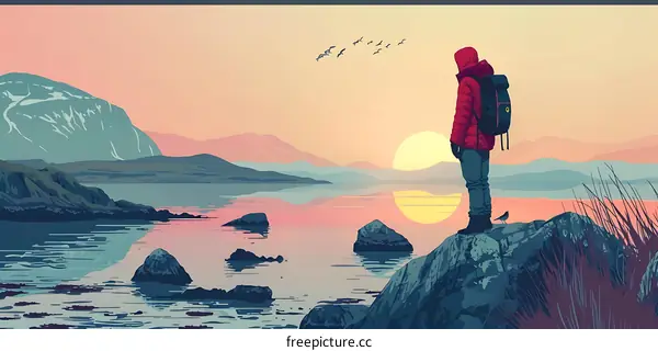Silhouette of a Person Looking at the Sunset Over Mountains and Water