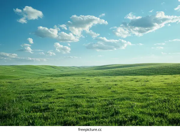 Green rolling hills beneath a blue sky with white clouds