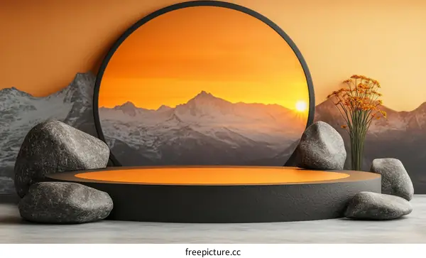 Minimalist Modern Product Display with Mountain Sunset View