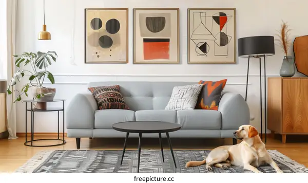 A living room with a sofa, coffee table, rug, and paintings on the wall