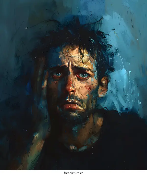 Portrait of a man with dark hair and beard looking at the viewer with a hand on his head