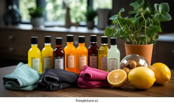 A variety of natural cleaning products are displayed on a wooden table.