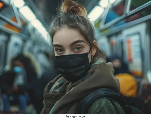 A young woman wearing a mask on a crowded subway train
