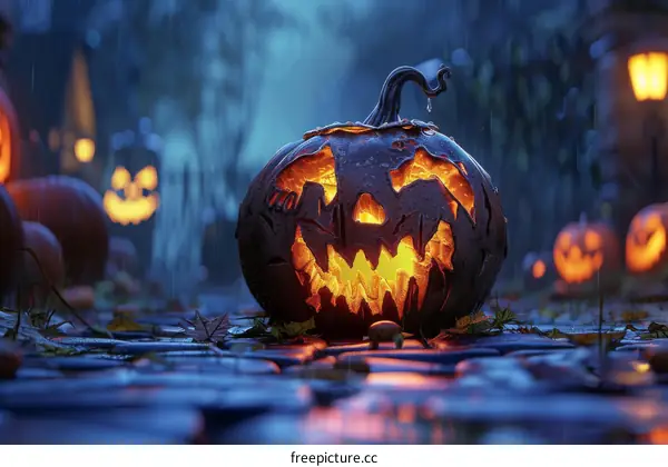 Glowing Pumpkin Lantern with Scary Face in Darkness of Halloween
