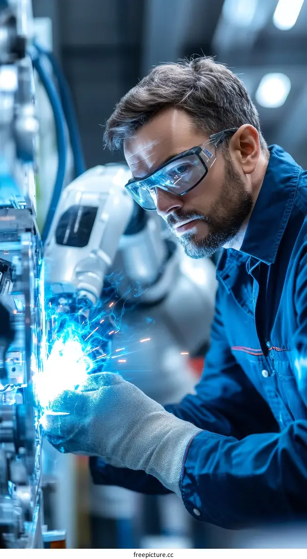 Industrial Worker Operating Robotic Welding Machine