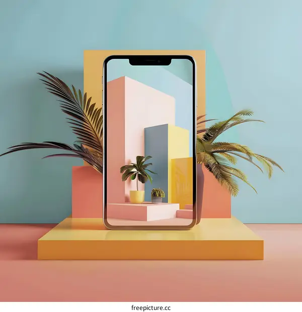 Minimalist 3D Render of a Smartphone with Plants on a Colorful Background