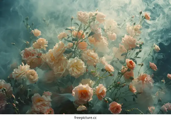 ethereal rose garden with peach roses