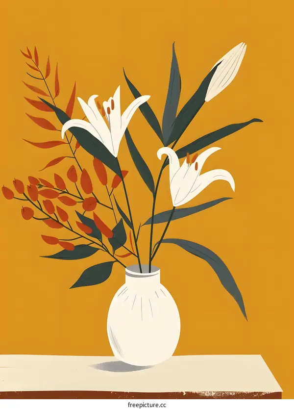 White Flowers in a Vase on a Yellow Background