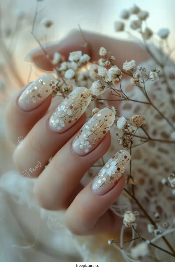 Close-up of hand with elegant floral nail art