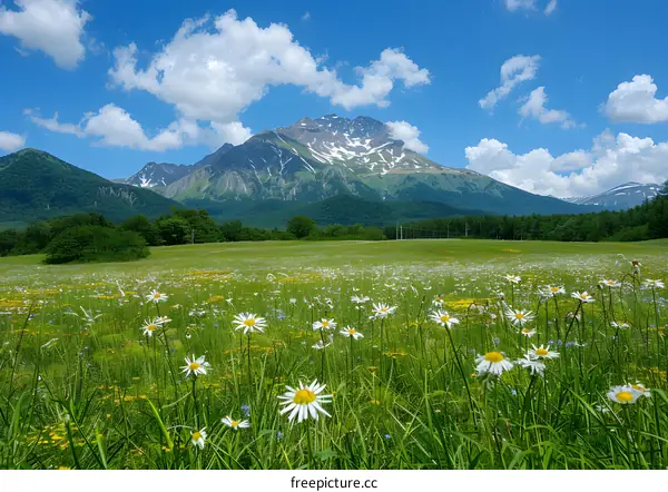 mountain field full of white yellow flowers and green grass under blue sky and white clouds