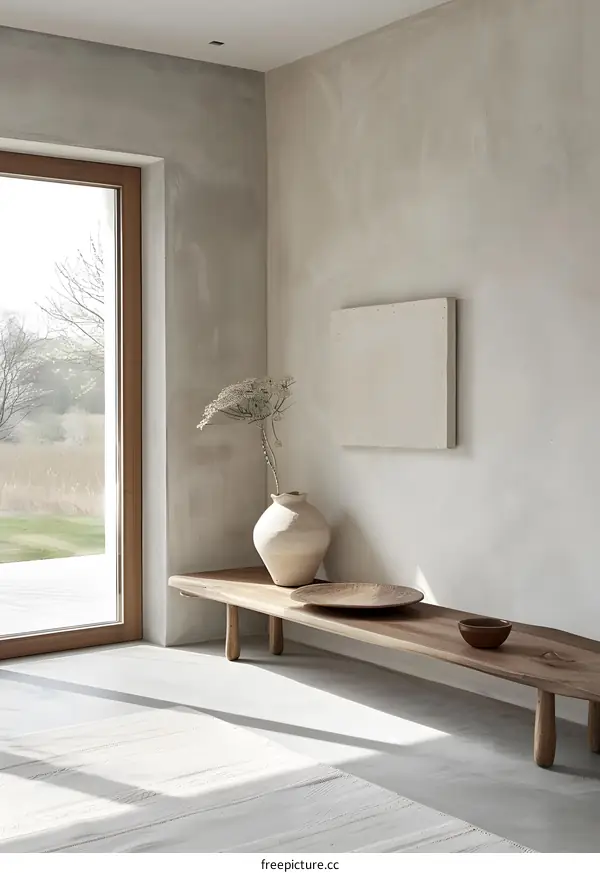 Minimalist Interior Design with Wooden Bench and Vase