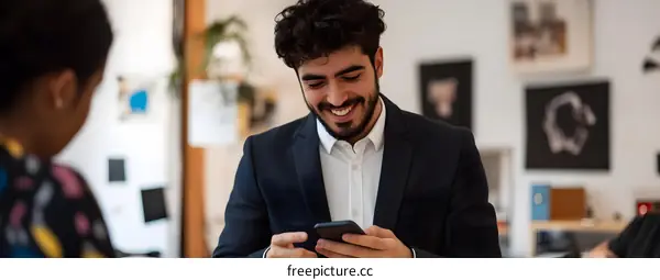Smiling Businessman Using Smartphone in Office