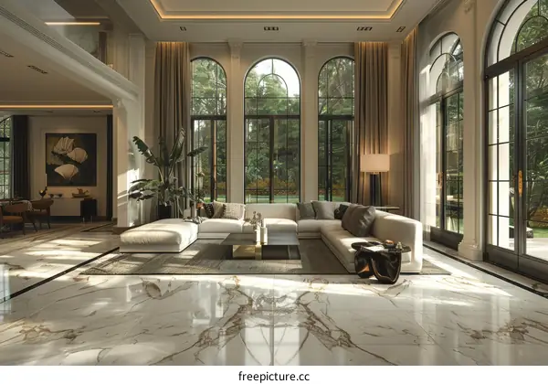 Luxurious and Spacious Living Room with Marble Floors