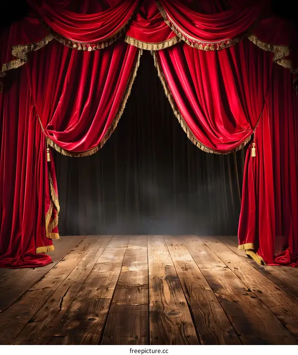 Red Stage Curtains and Wooden Floor