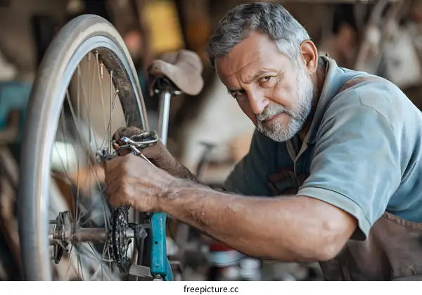 Senior Man Repairing Bicycle Wheel In Workshop