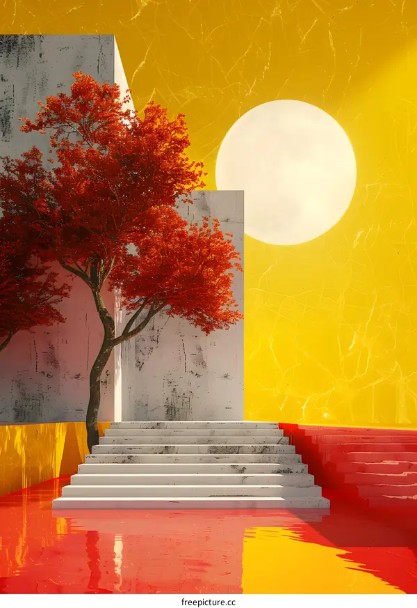 red tree and stairs in yellow background